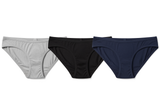 Three pairs of men's underwear in gray, black, and navy on a white background