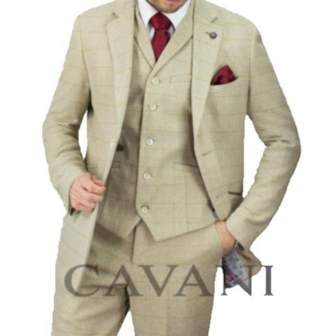 Cavani Draco Beige Check 3 Piece Suit - Big Guys Menswear